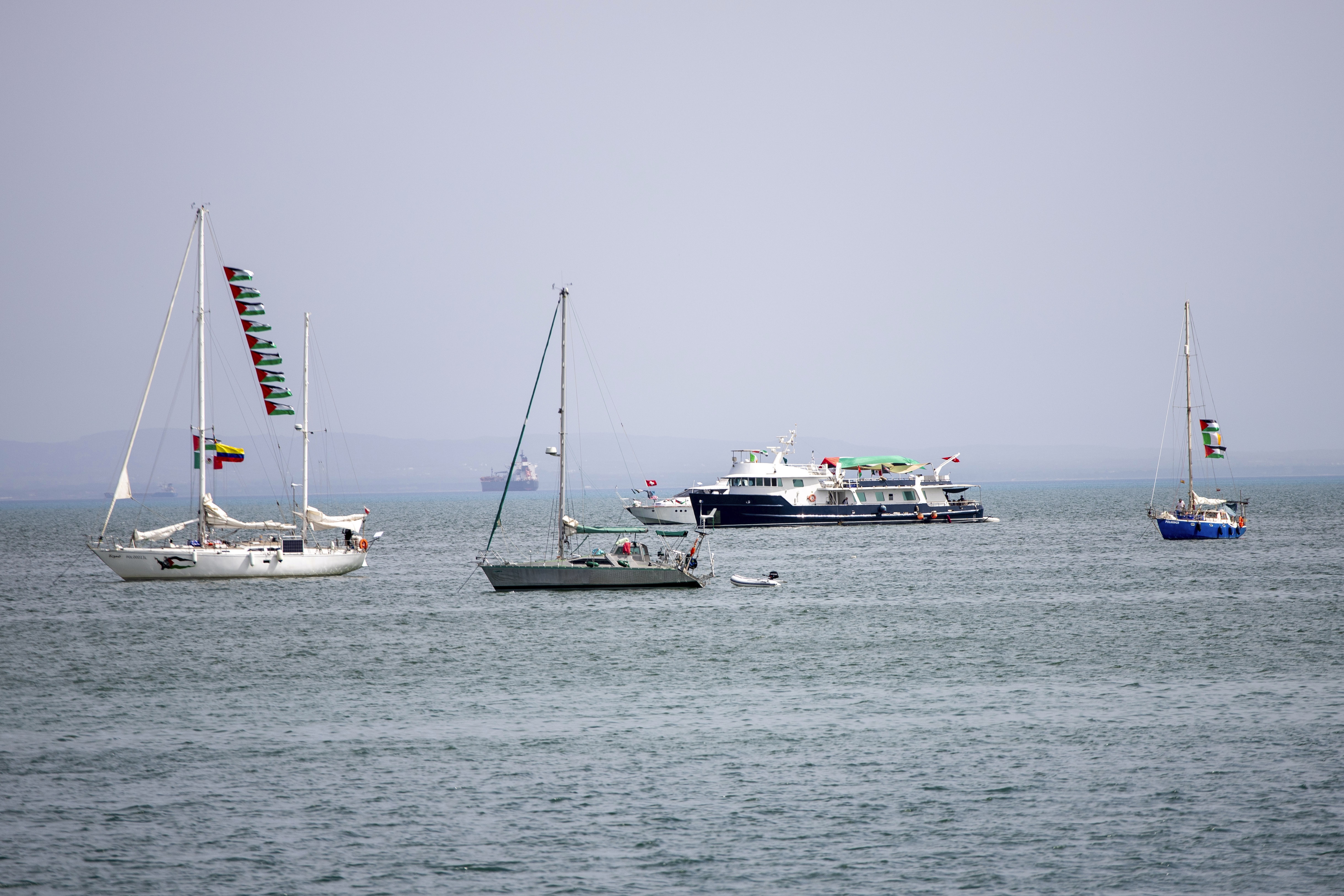 Ships that are part of the Global Sumud Flotilla heading to Gaza are anchored off the coast of of Sidi Bou Saïd in Tunis, Tunisia, Tuesday, Sept. 9.